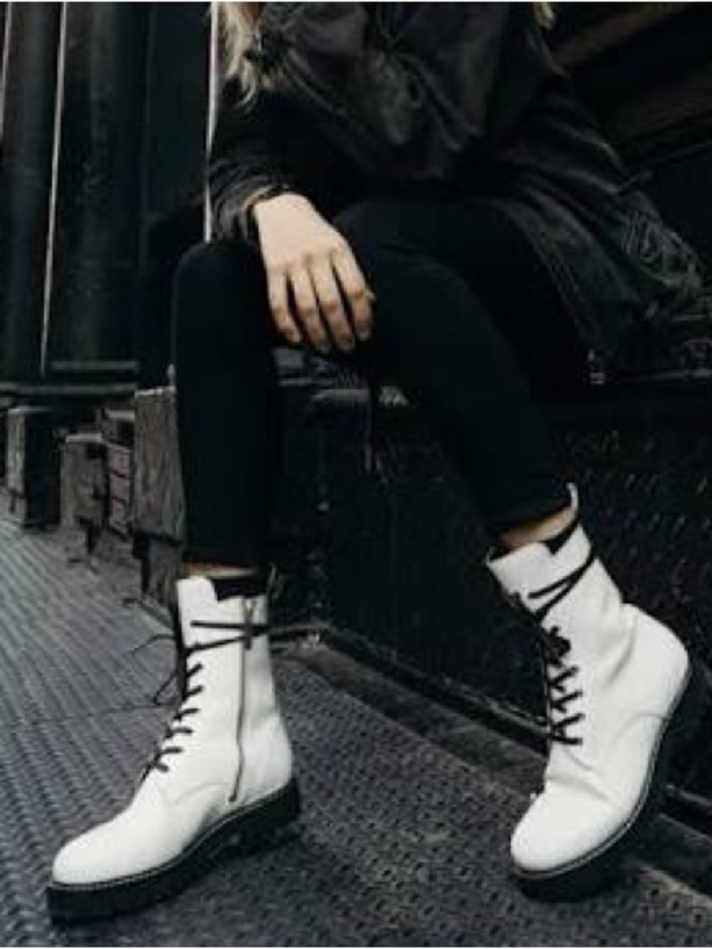 Dr Martend White Leather Lace-Up Boots with Yellow Stitching